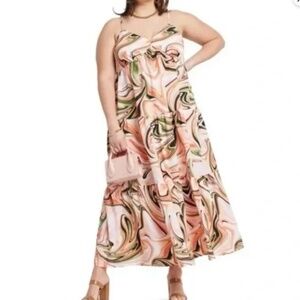 Eloquii Trapeze‎ maxi dress Swirl Print orange pink, women plus size 18 NWOT